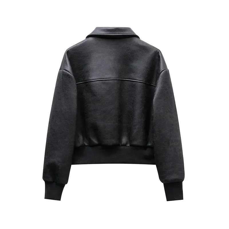 women's short imitation leather bomber jacket Leather jacket for women