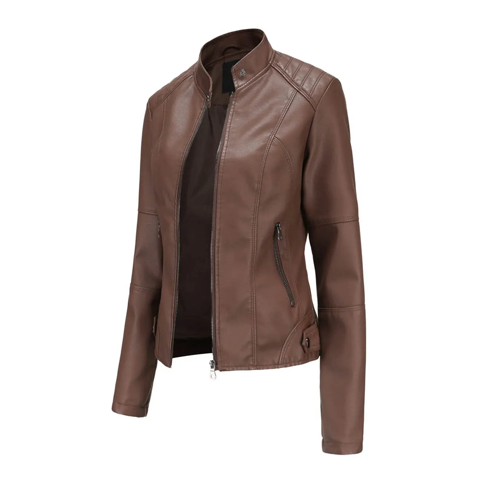 Women's Solid Color Leather Jackets Slim Fit Zipper Leather Bomber Coat Turtleneck Women's Motorcycle Leather Jackets куртка