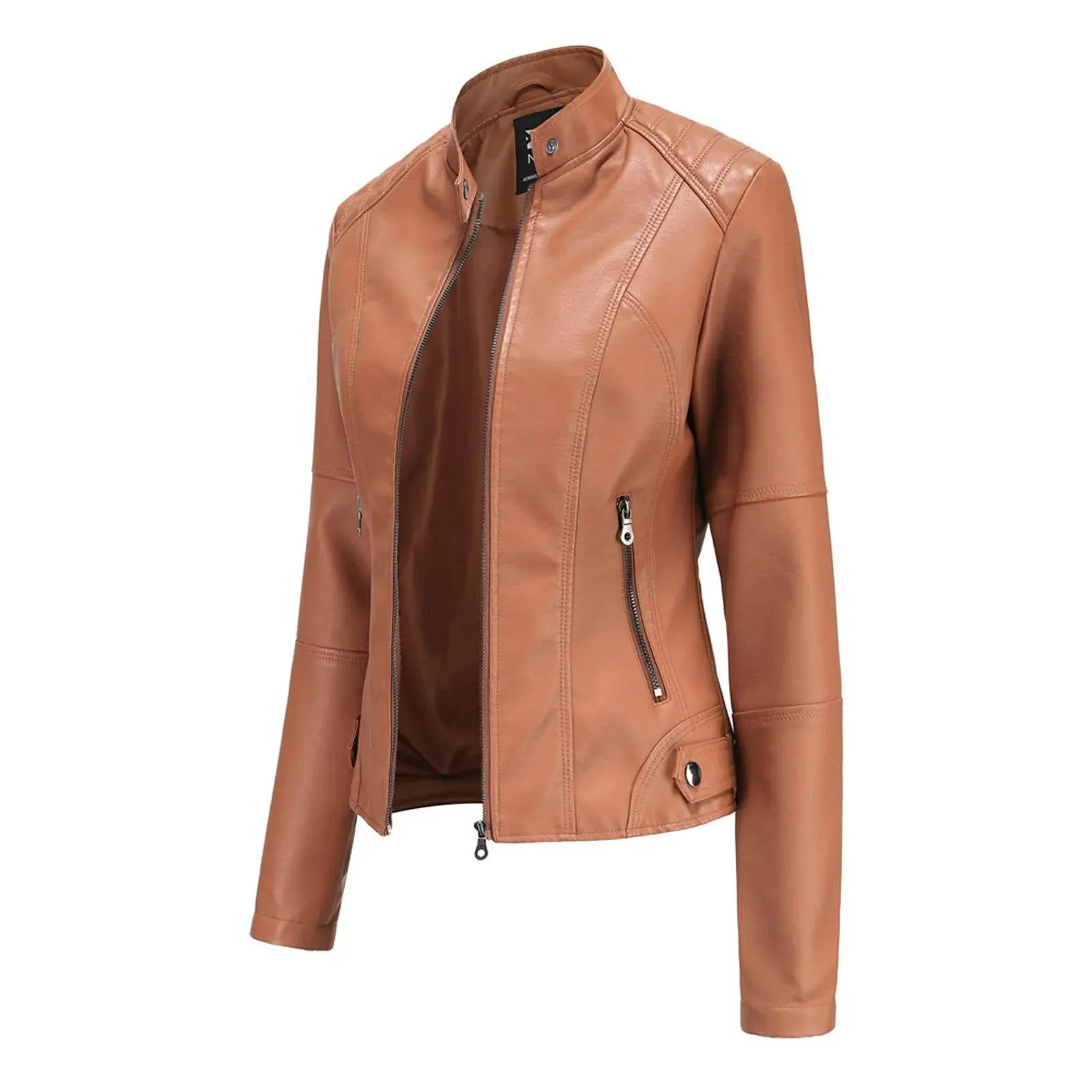 Women's Solid Color Leather Jackets Slim Fit Zipper Leather Bomber Coat Turtleneck Women's Motorcycle Leather Jackets куртка