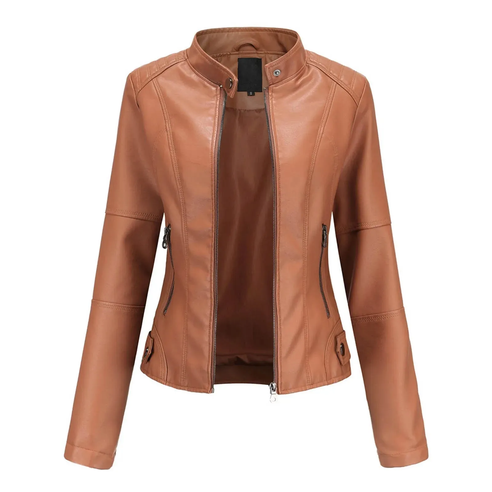 Women's Solid Color Leather Jackets Slim Fit Zipper Leather Bomber Coat Turtleneck Women's Motorcycle Leather Jackets куртка