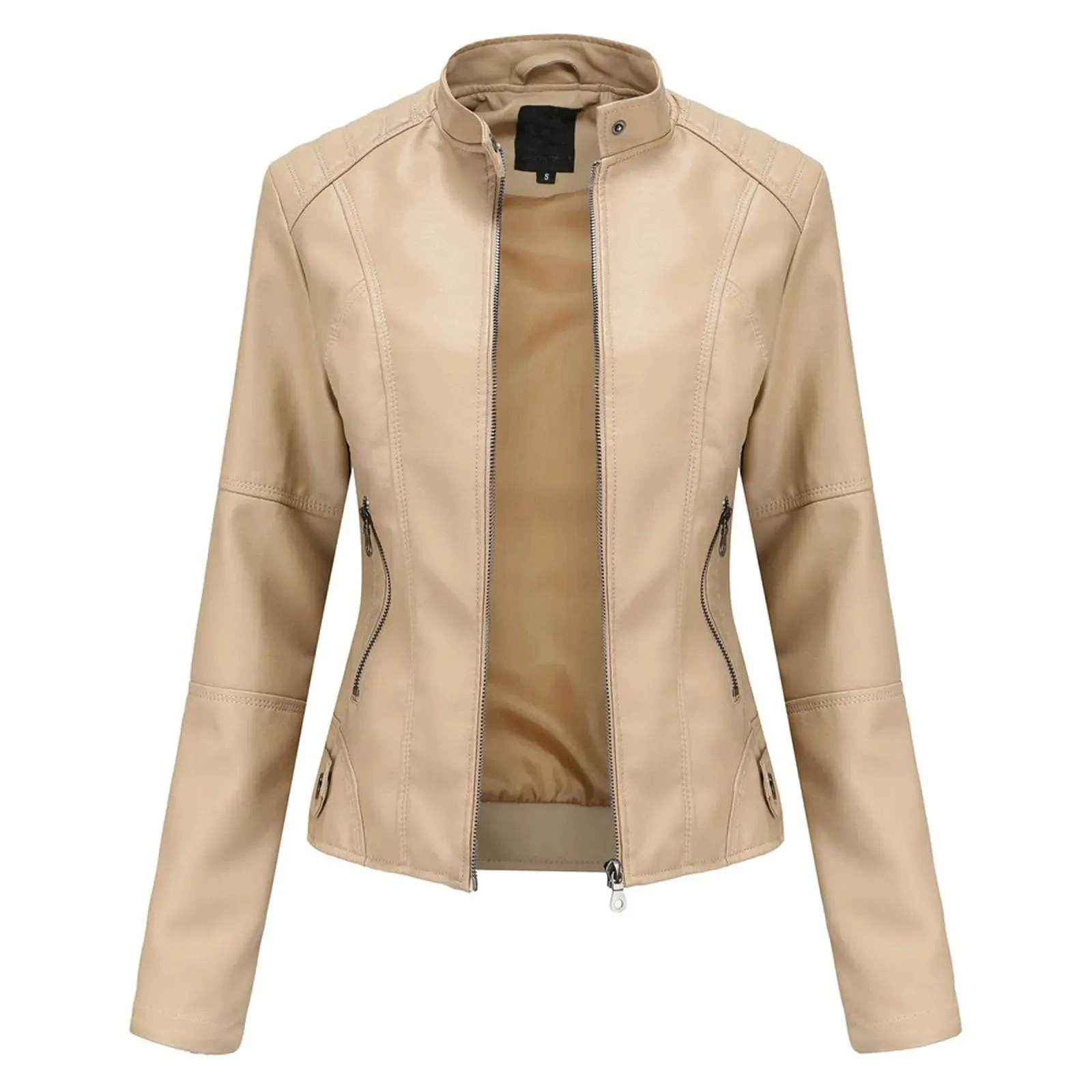 Women's Solid Color Leather Jackets Slim Fit Zipper Leather Bomber Coat Turtleneck Women's Motorcycle Leather Jackets куртка