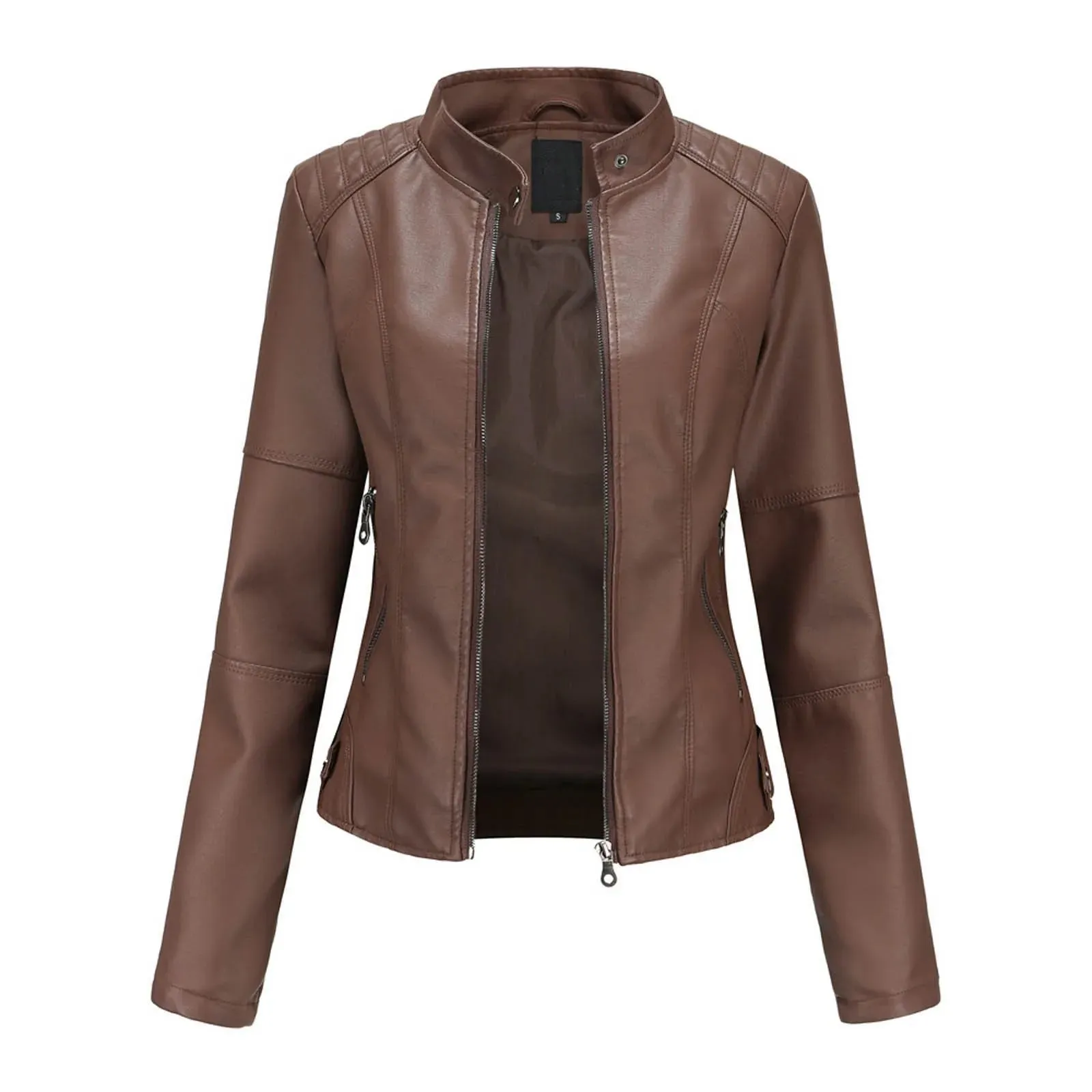 Women's Solid Color Leather Jackets Slim Fit Zipper Leather Bomber Coat Turtleneck Women's Motorcycle Leather Jackets куртка