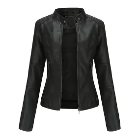 Women's Solid Color Leather Jackets Slim Fit Zipper Leather Bomber Coat Turtleneck Women's Motorcycle Leather Jackets куртка